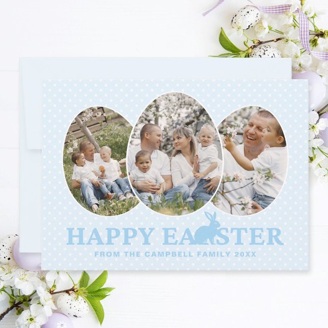 Happy Easter Bunny Baby Blue Photo Collage Eggs Holiday Card (Easter family photo collage card with egg-shaped photo frames, baby blue text and rabbit.)