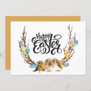 Happy Easter Bunny Baby Chick with Willow branch Holiday Card