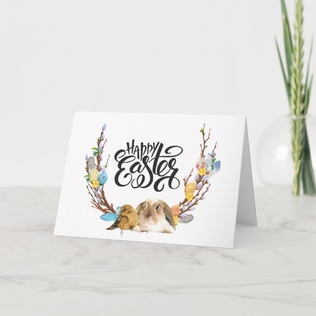 Happy Easter | Bunny Baby Chick with Willow branch Holiday Card (Front)