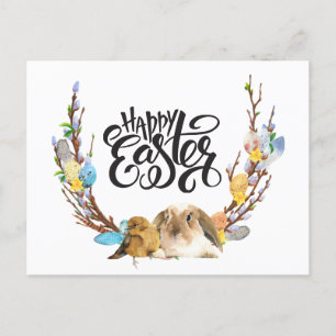 Happy Easter Bunny Baby Chick with Willow branch Holiday Postcard