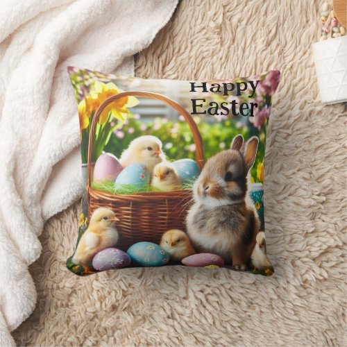 Happy Easter Bunny Baby Chicks Holiday  Throw Pillow