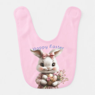 Happy Easter Bunny Basket Eggs Pink Lace Dress Baby Bib