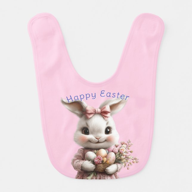 Happy Easter Bunny Basket Eggs Pink Lace Dress Baby Bib (Front)