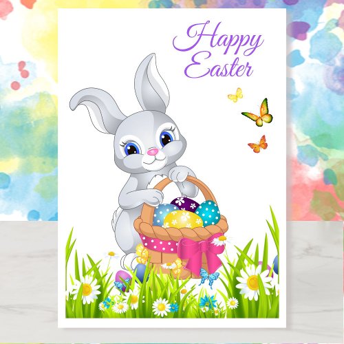 Happy Easter Bunny Basket Personalize Name Holiday Card