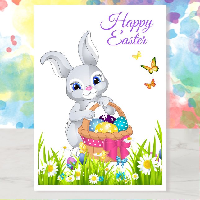Happy Easter Bunny Basket Personalize Name Holiday Card (Creator Uploaded)