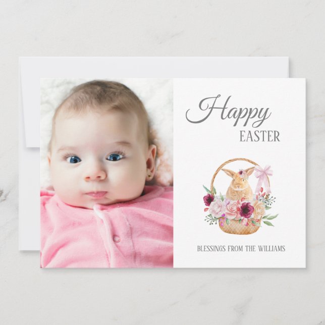 Happy Easter Bunny Basket Photo Holiday Card (Front)