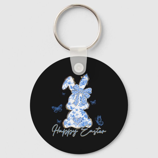 Happy Easter Bunny Blue Chinoiserie Easter Day  Keychain (Front)