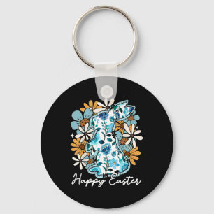 Happy Easter Bunny Blue Floral Yellow Design For M Keychain