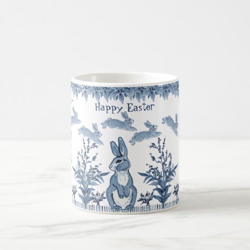 Happy Easter Bunny Blue White Rabbit Pattern Delft Coffee Mug