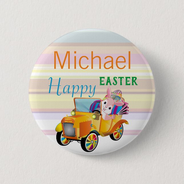 Happy Easter Bunny Car Personalized Name Kids Button (Front)