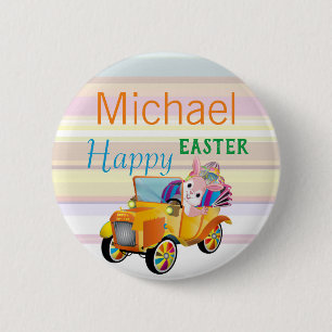 Happy Easter Bunny Car Personalized Name Kids Button