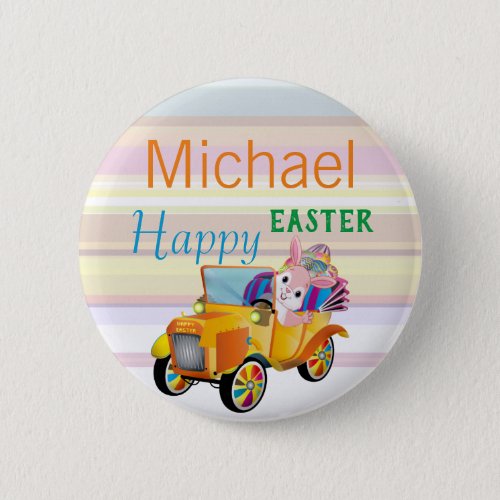 Happy Easter Bunny Car Personalized Name Kids Button