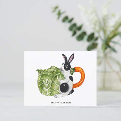 Happy Easter Bunny Carrot Teapot Holiday Postcard