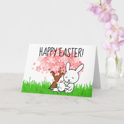 Happy Easter Bunny Cherry Blossom Tree Card