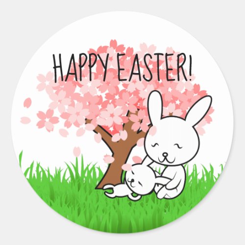 Happy Easter Bunny Cherry Blossom Tree Classic Round Sticker