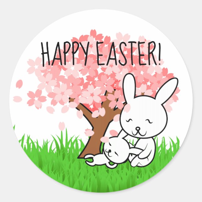 Happy Easter Bunny Cherry Blossom Tree Classic Round Sticker (Front)