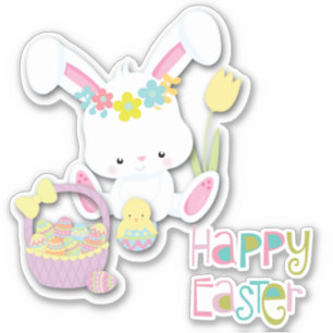 Happy Easter Bunny, Chick, and Basket Sticker