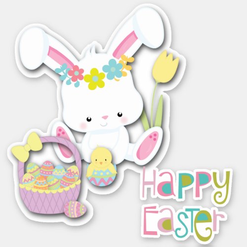 Happy Easter Bunny Chick and Basket Sticker