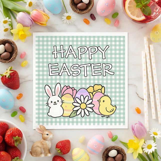 Happy Easter Bunny Chick Eggs Floral Green Gingham Napkins (Creator Uploaded)