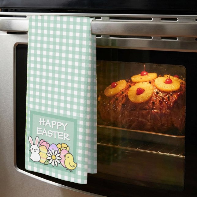 Happy Easter Bunny, Chick, Eggs Green Gingham  Kitchen Towel (Creator Uploaded)