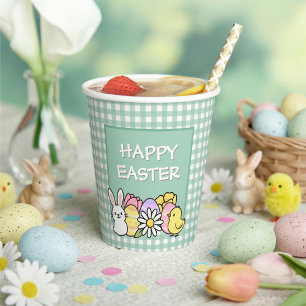 Happy Easter Bunny Chick Eggs Green Gingham Paper Cups