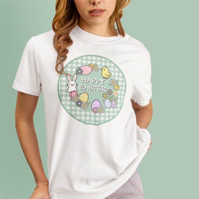Happy Easter Bunny Chick Eggs Green Gingham T-Shirt (Creator Uploaded)