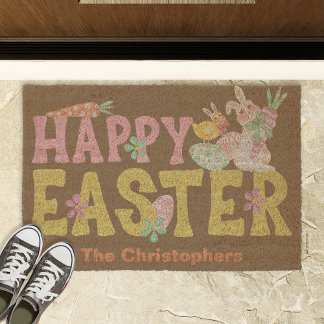 Happy Easter Bunny Chick Family Name Cute Welcome Fiber Doormat