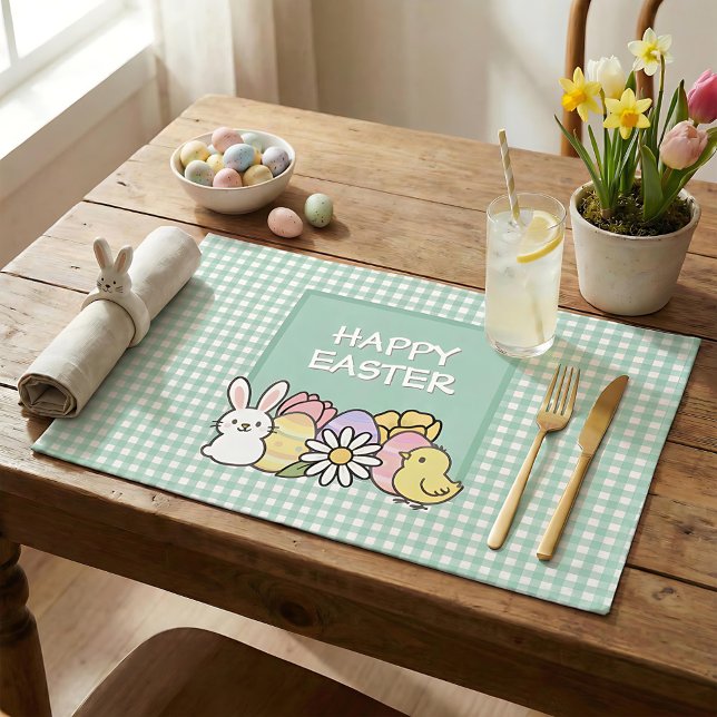 Happy Easter Bunny Chick Green Gingham Cloth Placemat (Creator Uploaded)