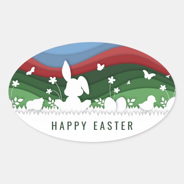 Happy easter bunny chicks and egg in nature oval sticker (Front)