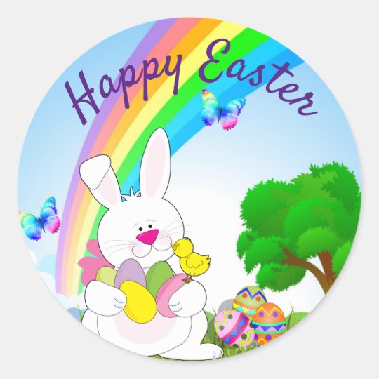 Happy Easter Bunny Colored Eggs Classic Round Sticker