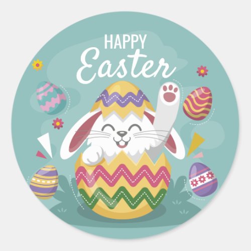 Happy Easter Bunny  Colorful Eggs Classic Round Sticker
