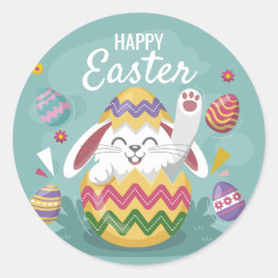 Happy Easter Bunny & Colorful Eggs Classic Round Sticker
