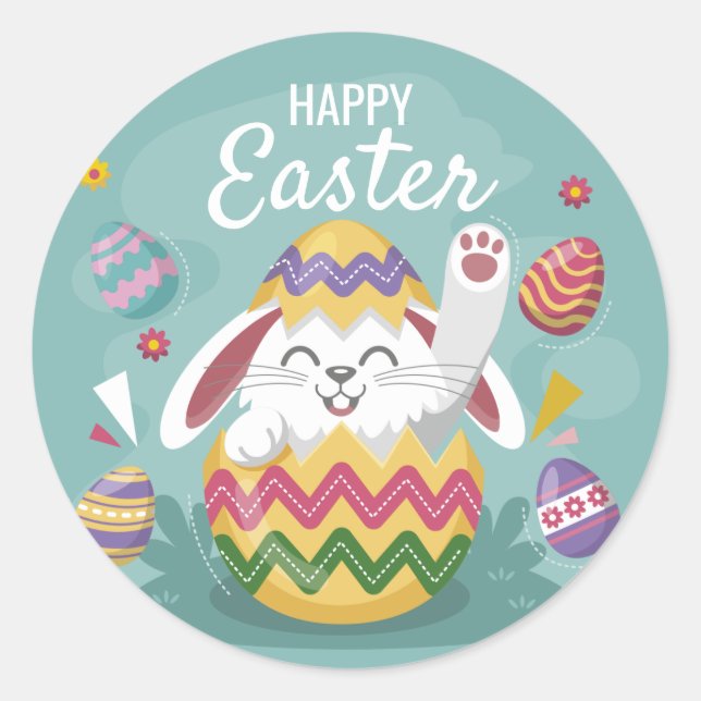 Happy Easter Bunny & Colorful Eggs Classic Round Sticker (Front)
