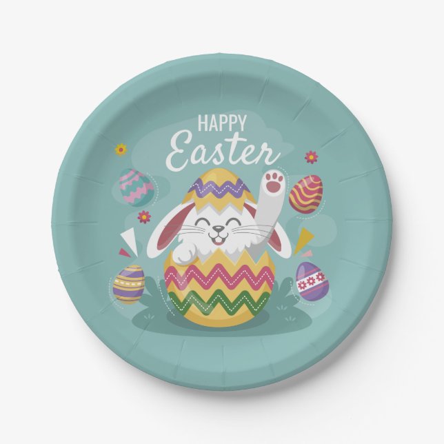 Happy Easter Bunny & Colorful Eggs Paper Plates (Front)