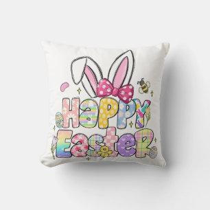 Happy Easter Bunny Colorful Spring Floral Throw Pillow