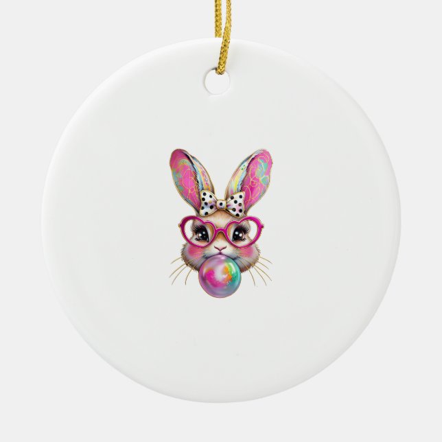 Happy Easter Bunny Coquette Bow Brushstroke Easter Ceramic Ornament (Front)