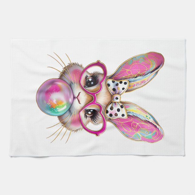 Happy Easter Bunny Coquette Bow Brushstroke Easter Kitchen Towel (Horizontal)