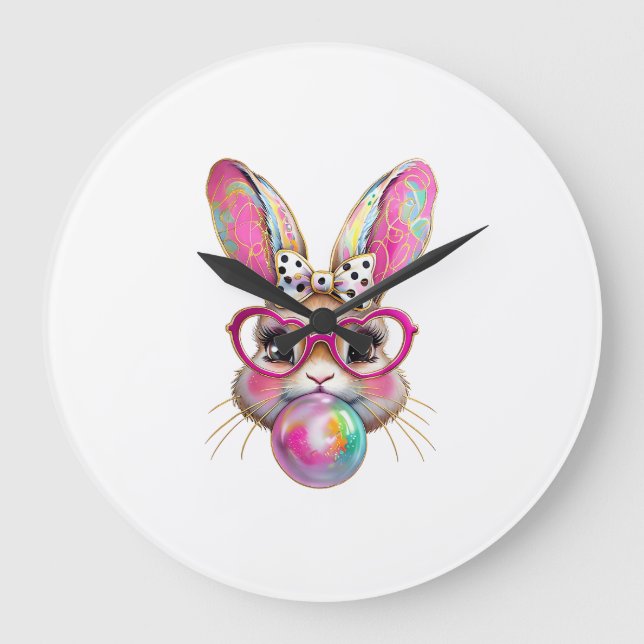 Happy Easter Bunny Coquette Bow Brushstroke Easter Large Clock (Front)