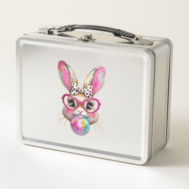 Happy Easter Bunny Coquette Bow Brushstroke Easter Metal Lunch Box (Front)