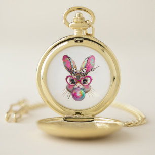 Happy Easter Bunny Coquette Bow Brushstroke Easter Pocket Watch