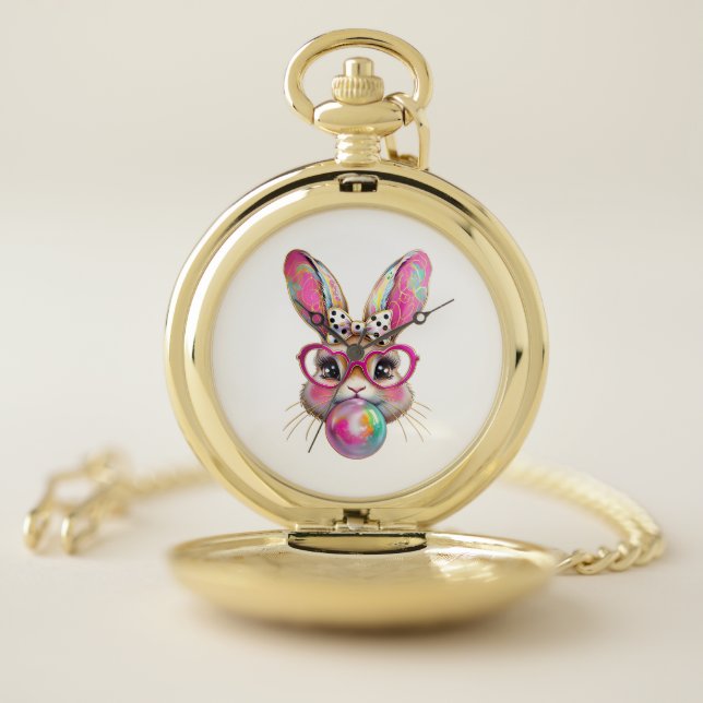 Happy Easter Bunny Coquette Bow Brushstroke Easter Pocket Watch (Inside)