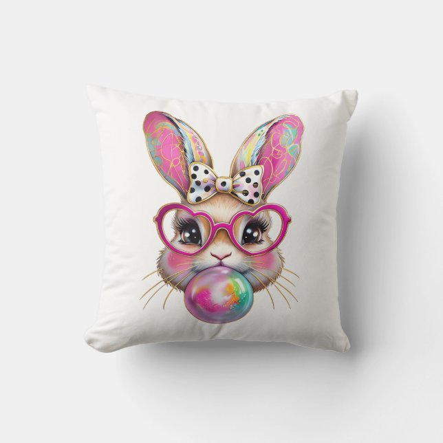 Happy Easter Bunny Coquette Bow Brushstroke Easter Throw Pillow (Front)
