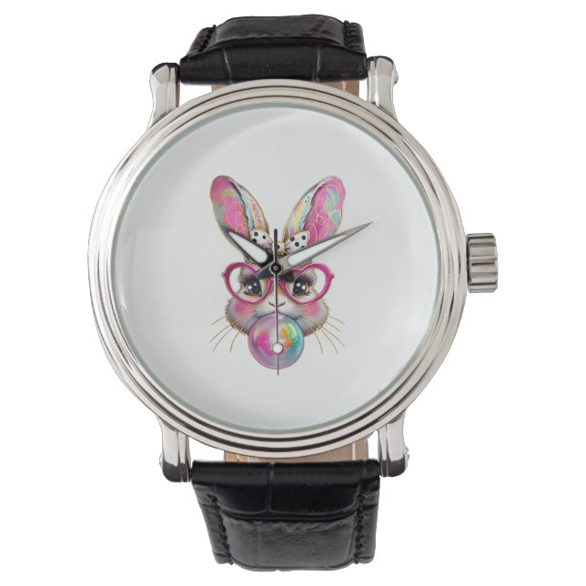 Happy Easter Bunny Coquette Bow Brushstroke Easter Watch (Front)