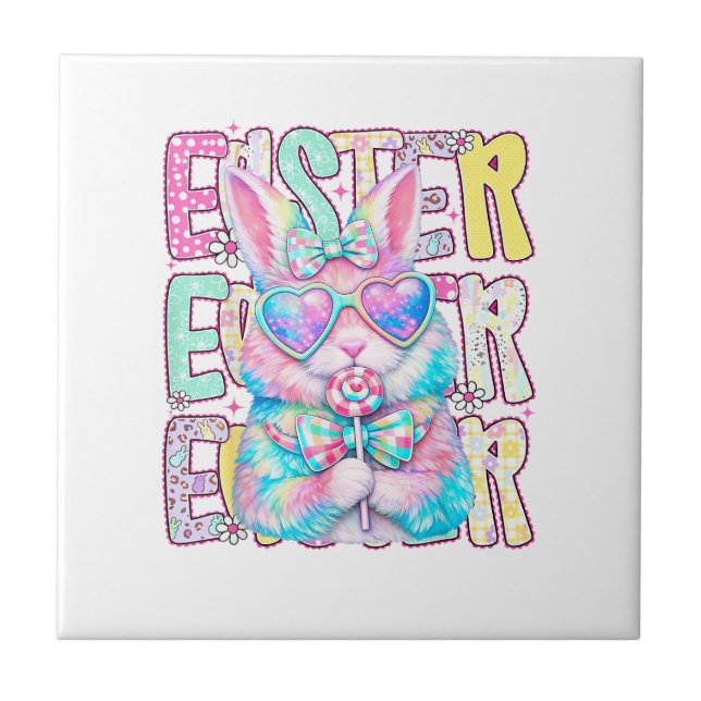 Happy Easter Bunny Coquette Bow Preppy Easter Day  Ceramic Tile (Front)