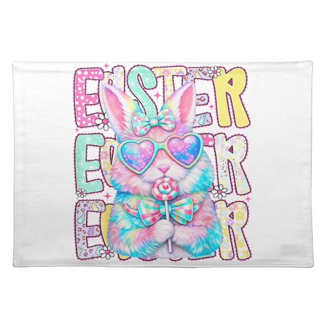 Happy Easter Bunny Coquette Bow Preppy Easter Day  Cloth Placemat (Front)