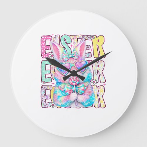 Happy Easter Bunny Coquette Bow Preppy Easter Day  Large Clock