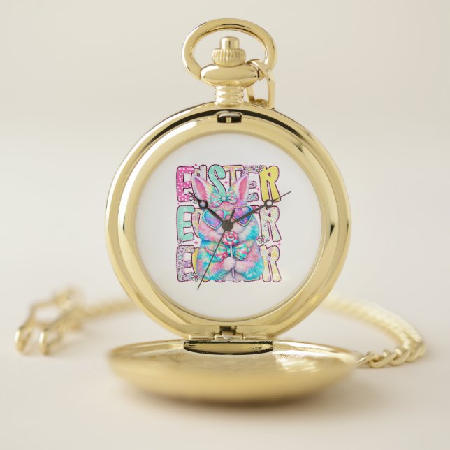 Happy Easter Bunny Coquette Bow Preppy Easter Day  Pocket Watch (Inside)