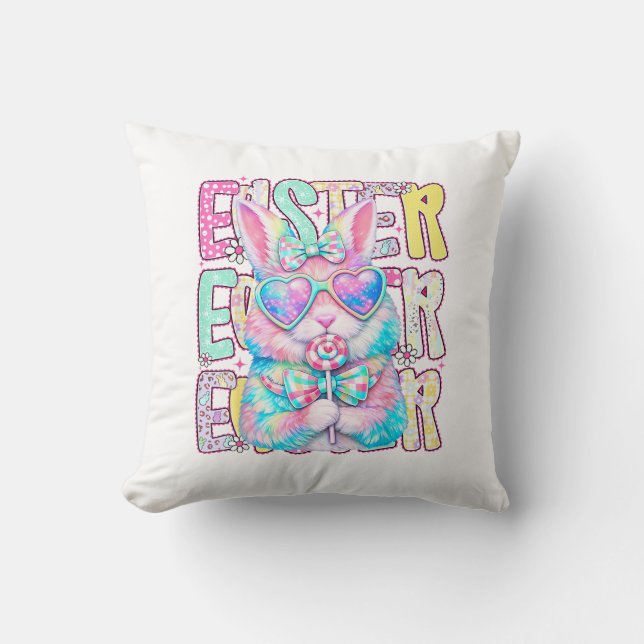 Happy Easter Bunny Coquette Bow Preppy Easter Day  Throw Pillow (Front)