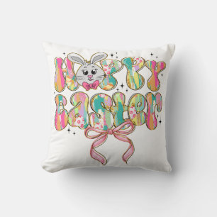 Happy Easter Bunny Coquette Bow Throw Pillow