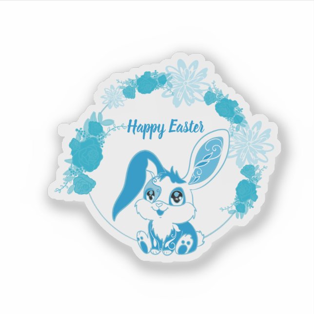 Happy Easter Bunny  Cute Blue Kawaii Sticker (Front)